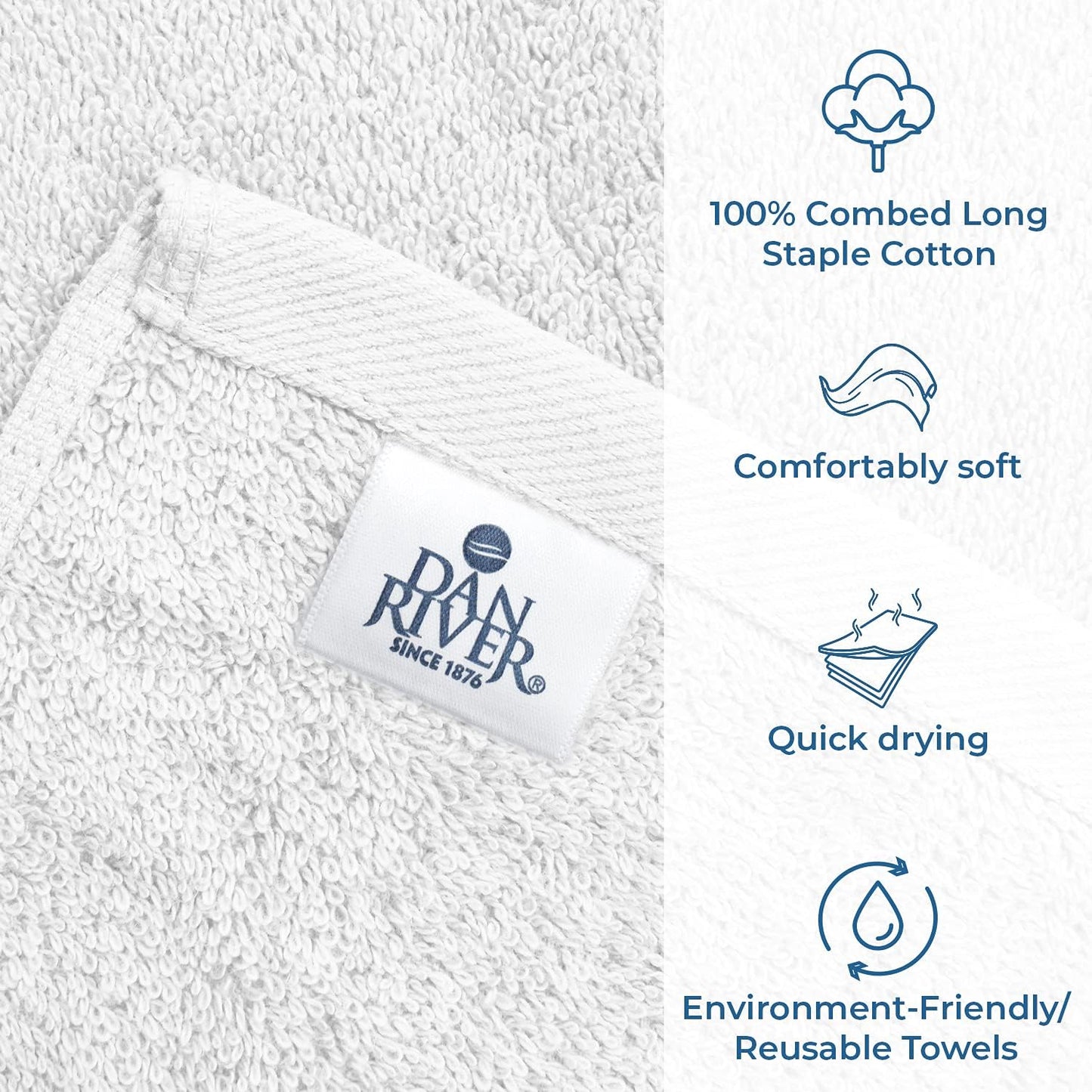 DAN RIVER Bath Towels Set of 4, 27 x 54 Inches, 100% Cotton, Larger & Lighter Weight, Quicker to Dry, Super Soft and Absorbent, Ideal White Towels for Daily Use