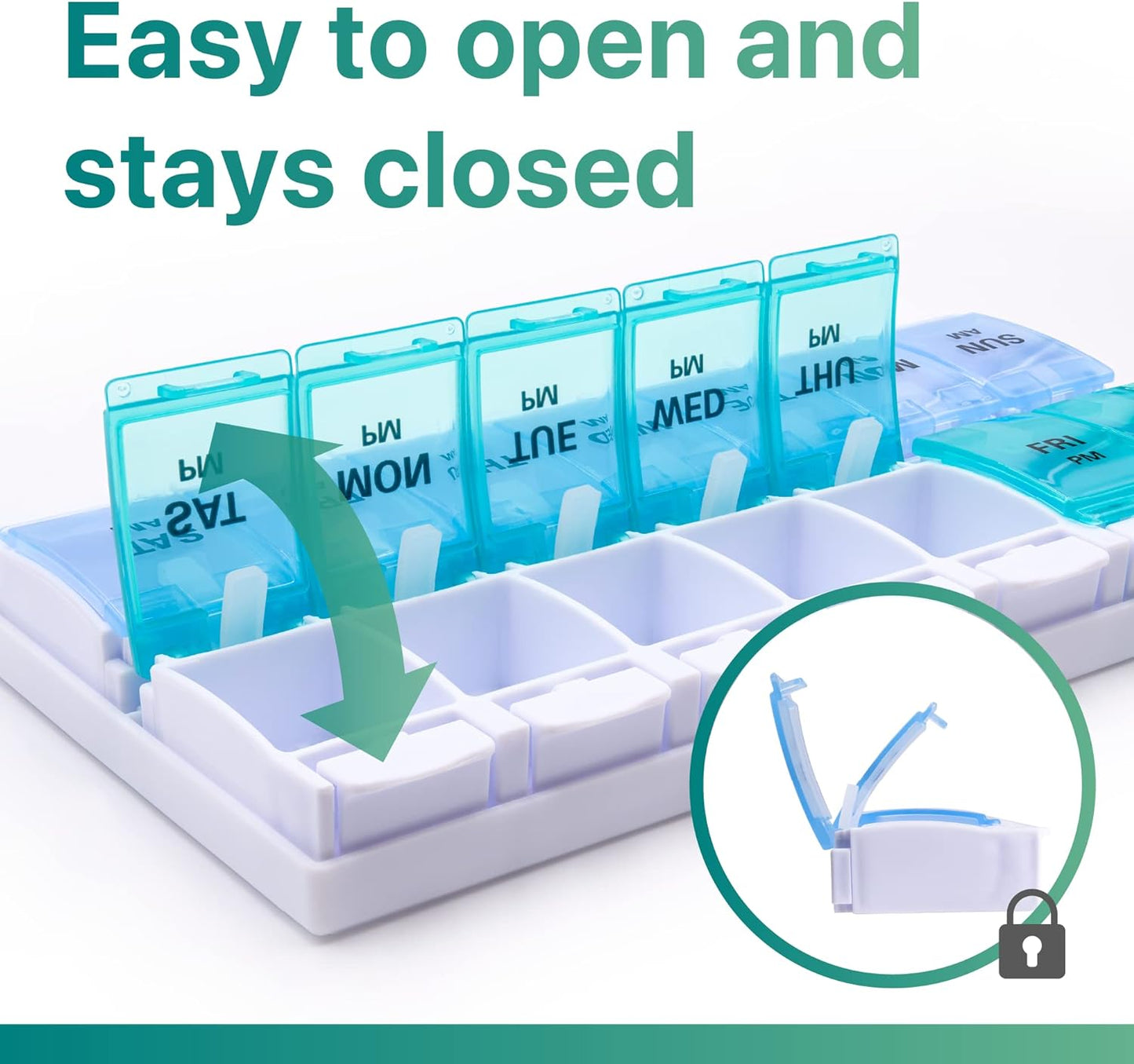 Sukuos AM PM Weekly 7 Day Pill Organizer, 2 Times A Day Pill Box with Arthritis Friendly Push Button, Medicine Cases for Vitamin/Fish Oil/Supplements, Easy to Clean (Cyan&Blue)