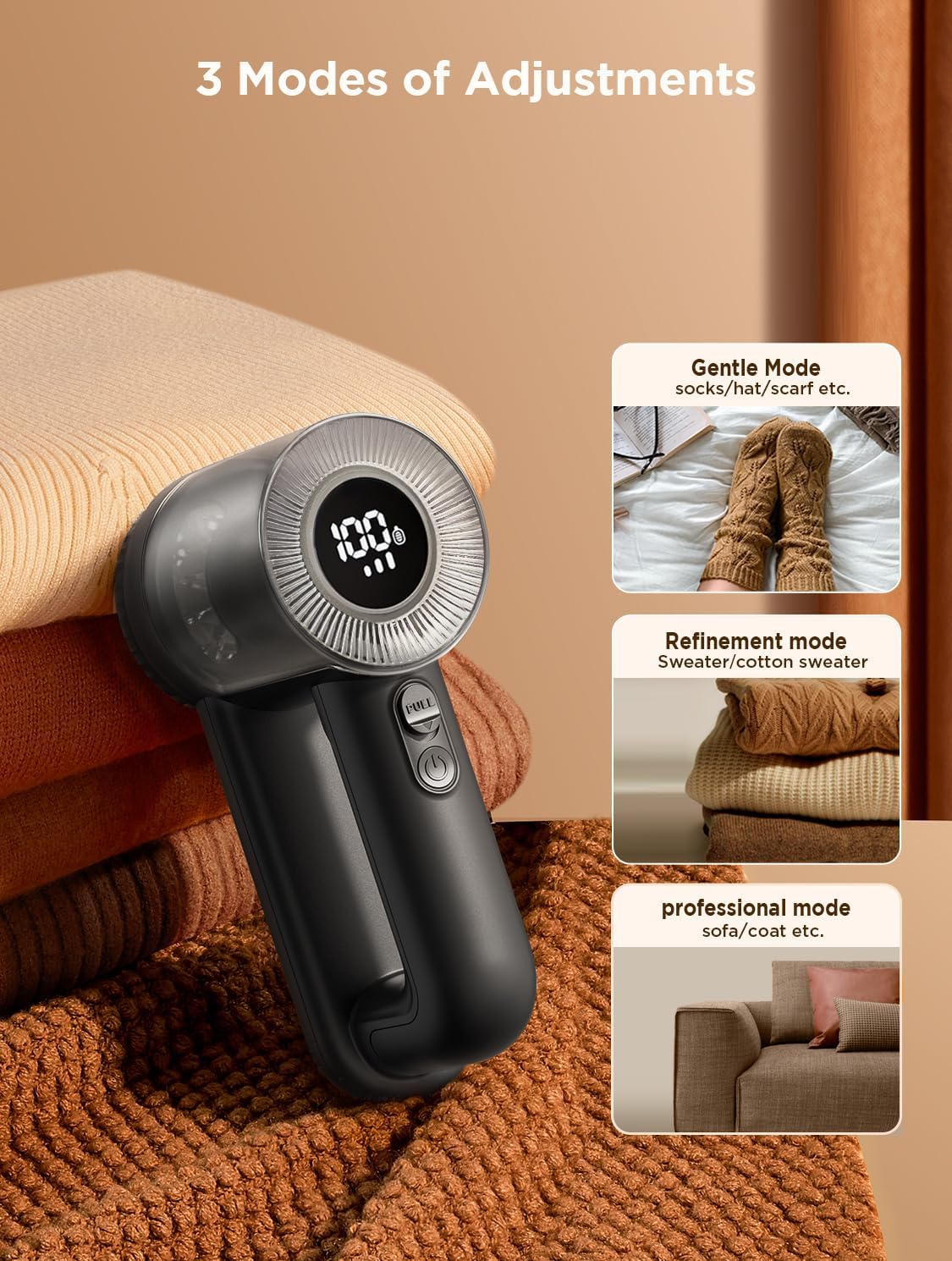 Rechargeable Fabric Shaver, Lint Remover for Clothes, Lint Shaver 6-Leaf Blades, 3-Speeds Lint Shaver with LED Display for Effortless Fuzz & Pill Removal for Clothes, Sweaters, Furniture, Black