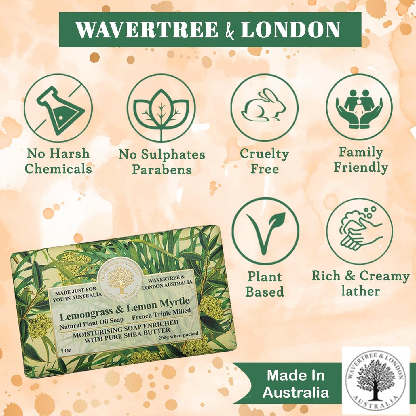 Wavertree & London Lemongrass & Lemon Myrtle Scented Natural Soap Bar, 7oz Moisturizing French Triple Milled Soap Bar for Women & Men enriched with shea butter - Pure Bath & Body soap bar