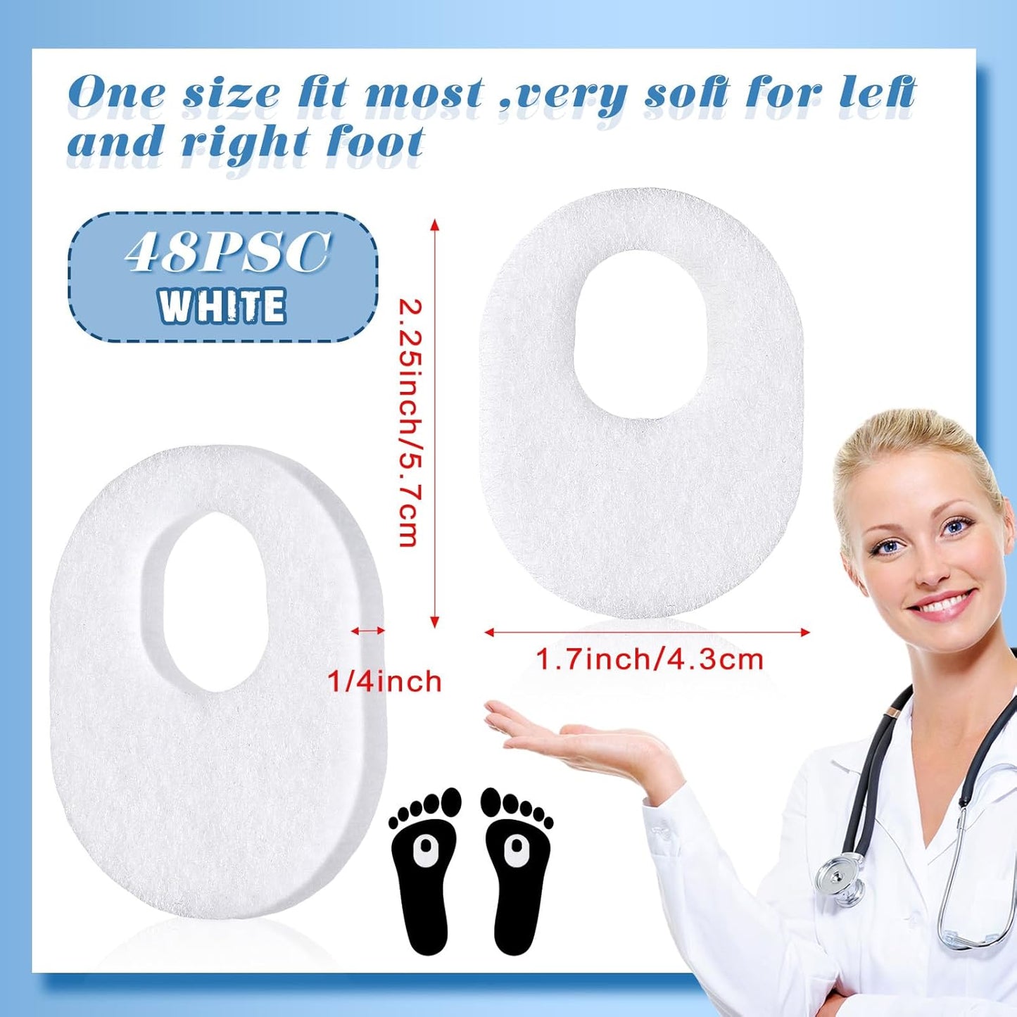 WILLBOND 48 Pack Callus Pads Soft 1/4" Thick Oval Shape Corn Pads 1/8" Felt Callus Cushions Adhesive Corn Protectors for Men Women Feet Toes Pain Relief(White, 1/4 Inch)