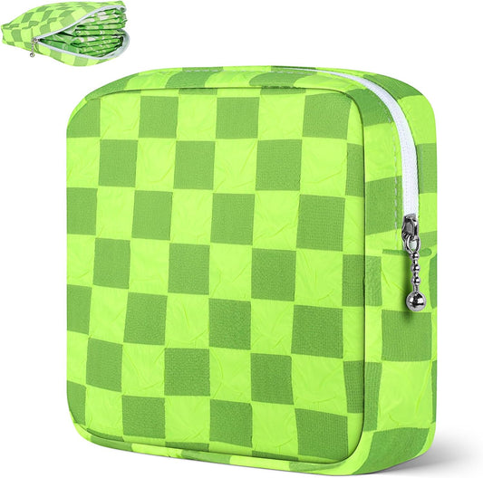 Desing Wish Sanitary Napkin Storage Bag Polyester Fabric Period Bag for Teen Girls Sanitary Pad Pouch for Sanitary Napkins/Tampons/Panty Liners Privacy Protector Pad Bag (Bubble-Check, Neon Green)