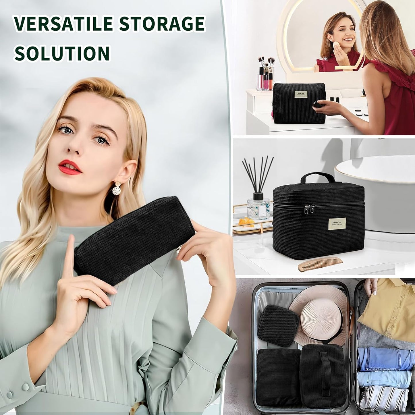 4 Pcs Makeup Bag for Women Corduroy Cosmetic Bag Aesthetic Cute Bags Multi Size Purse Pouch Travel Toiletry Bag Set Makeup Organizer with Zipper(Black)