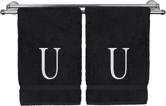 Monogrammed Hand Towel, Personalized Initial Gift, Extra Absorbent 100% Turkish Cotton - Soft Terry Finish - Set of 2 - White Block Initial U - Embroidered on Black Towels
