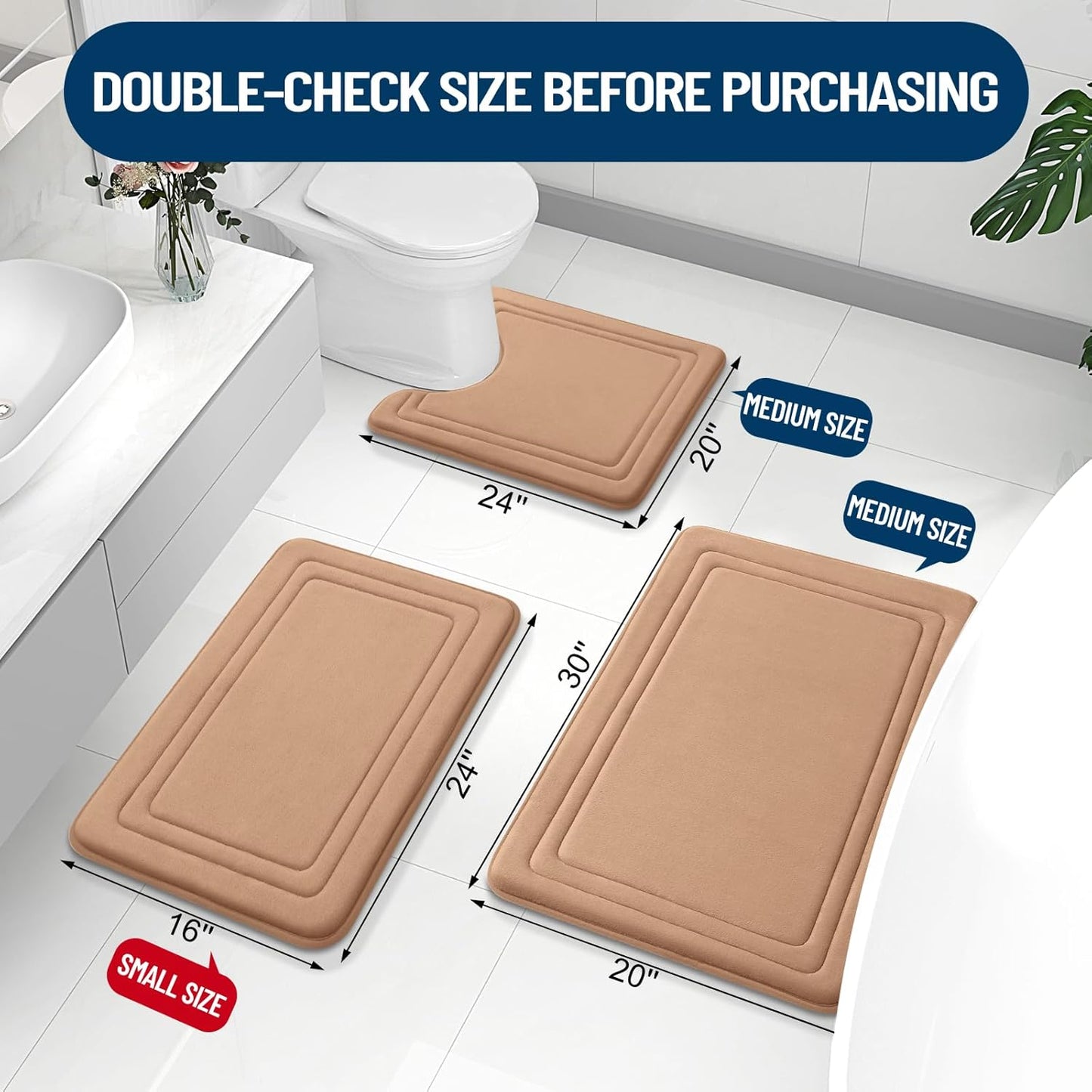 Grandaily Memory Foam Bath Mat Rug 30x20, Ultra Soft, Non-Slip and Absorbent Bathroom Rugs, Machine Wash Dry, Comfortable Bath Carpet for Bathroom Floor, Tub and Shower, Dark Beige