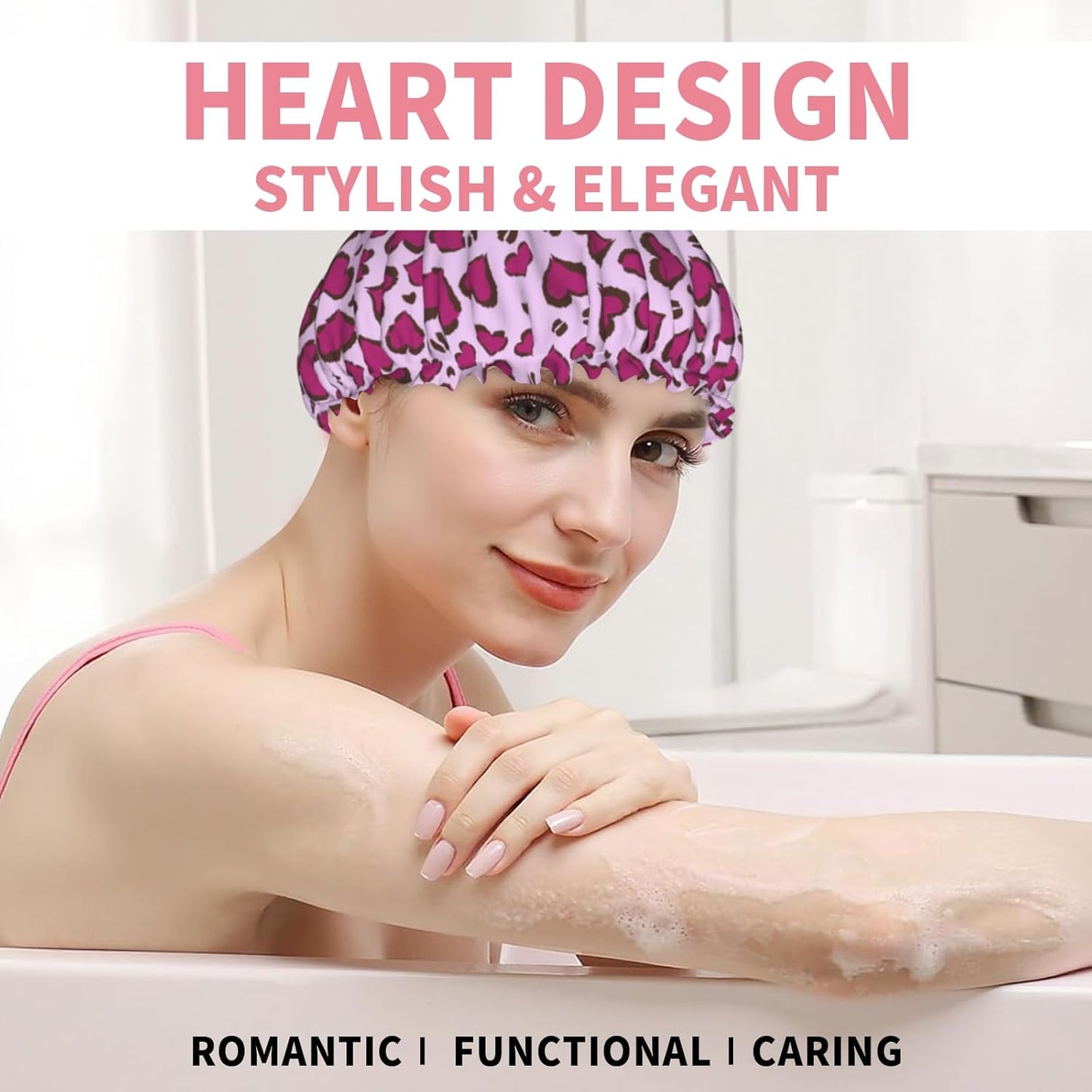 Leopard Print Shower Caps Purple Heart Dual-Layer Waterproof Bath Hat Reusable Hair Caps Elastic Hair Hat for Shower Cooking Clean Makeup Travel