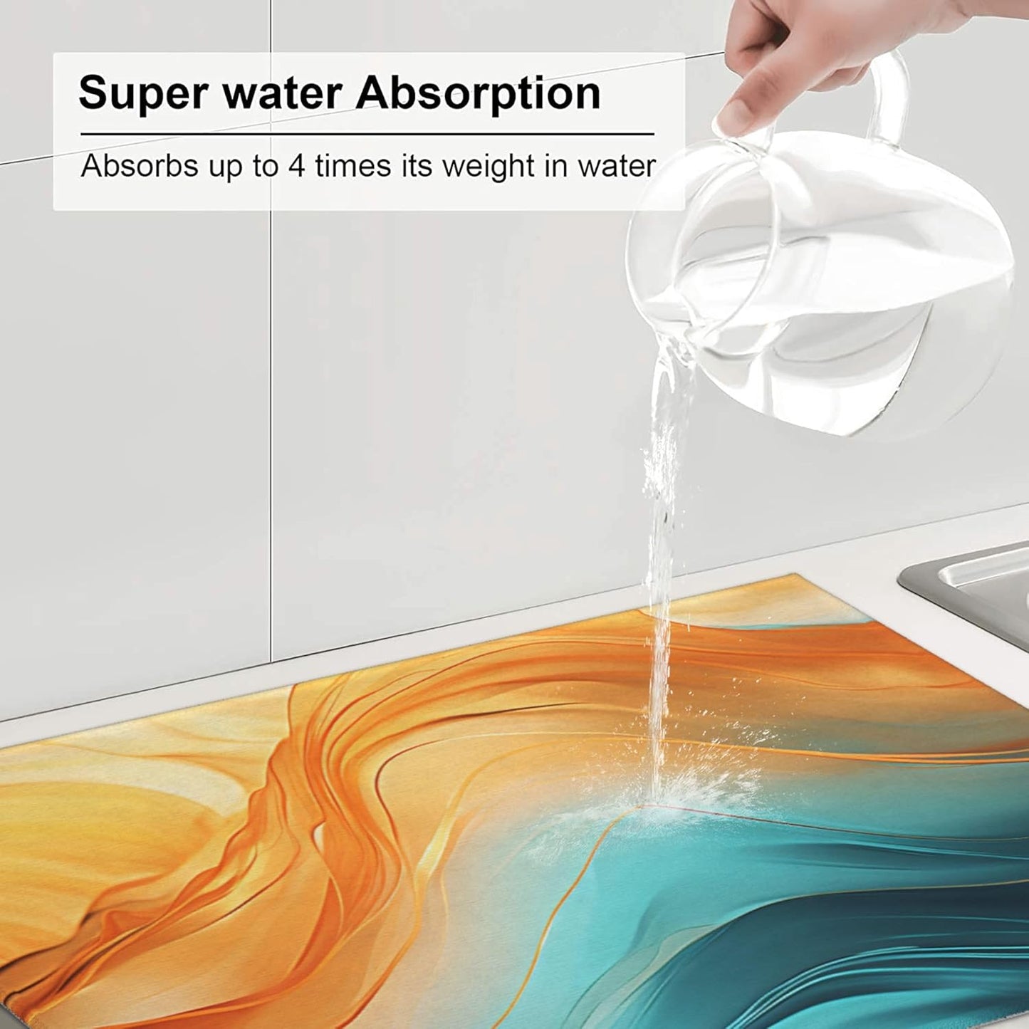 Orange Teal Marble Dish Drying Mat for Kitchen Decor Modern Dish Drainer Rack Mats Washable Absorbent Reversible Microfiber Drying Pad Kitchen Accessories 18"x24"