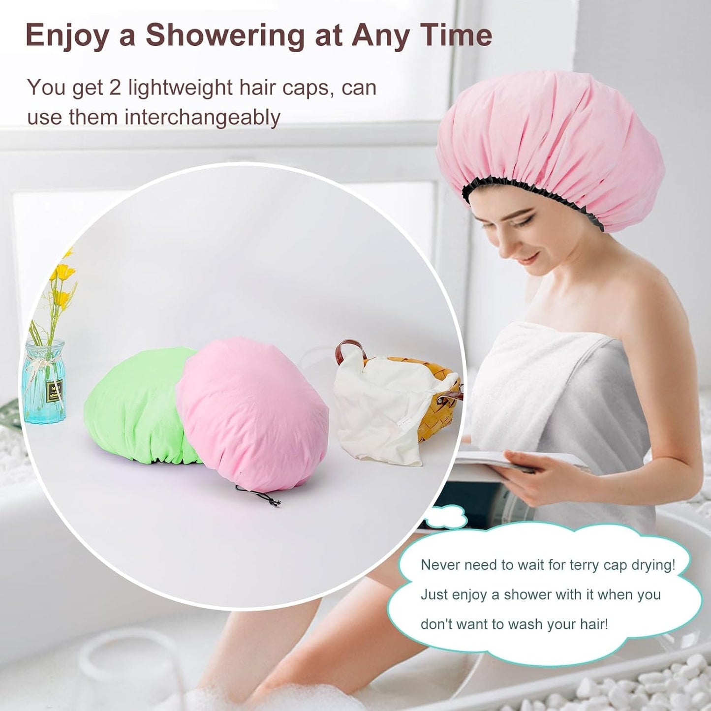 2 Pcs 13.5" Dual Waterproof Design Adjustable Terry Shower Cap for Women and Men, EVA Double Layer Bath Cap Reusable for Braids, Long Hair, Dreadlocks
