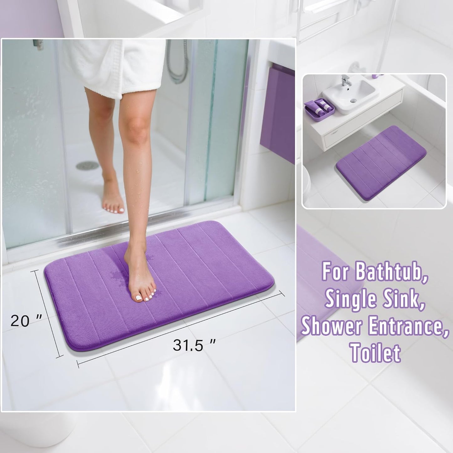 Yimobra Memory Foam Bath Mat, Super Soft Absorbent Bathroom Rug Non Slip 31.5x20 Inch, Quick Dry, Machine Washable Floor Carpet for Tub Shower, Home Decor Accessories, Lavender
