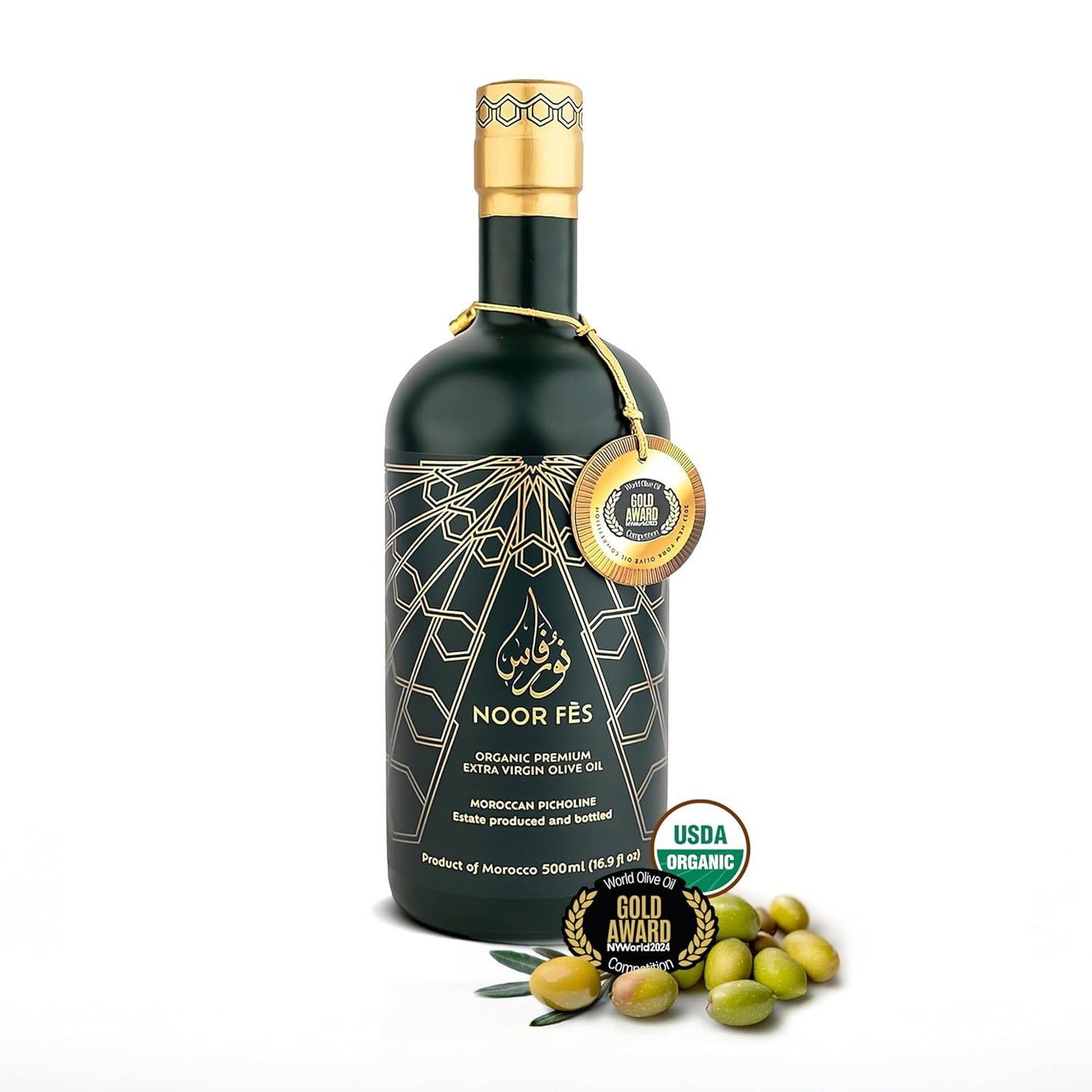 NOOR FÈS 20+ Awards EVOO | Polyphenol Rich 584 mg/kg | USDA Organic Extra Virgin Olive Oil | Moroccan Picholine | Cold Pressed Olive Oil | Great Gift for Chefs | 17 Oz