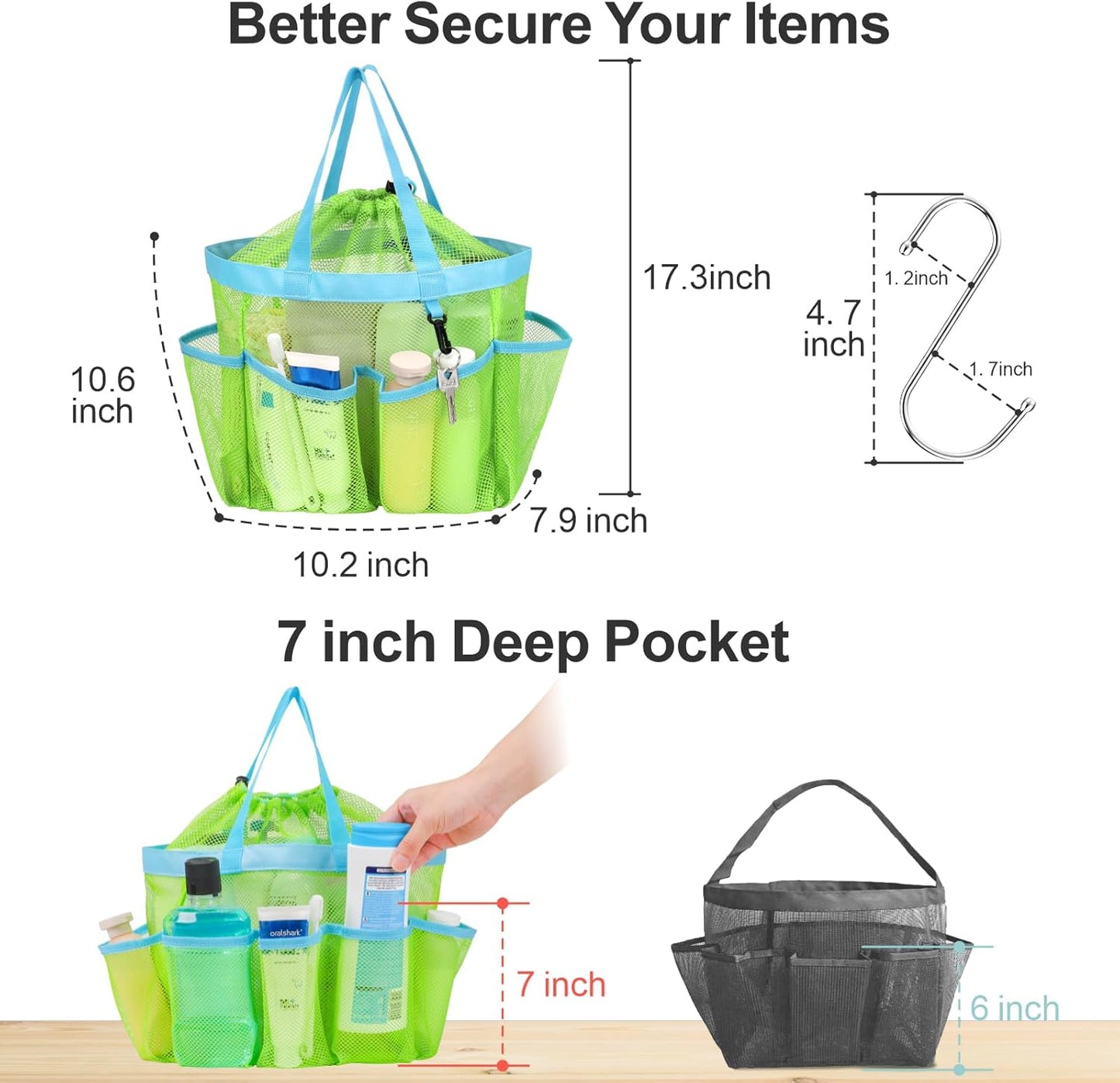 F-color Mesh Shower Caddy Portable with Drawstring - Upgrade Deeper 7 Pockets Dorm Room Essentials for Guys Girls with S Hook, Shower Bag Basket Tote for College Camping Toiletry Bathroom, Green