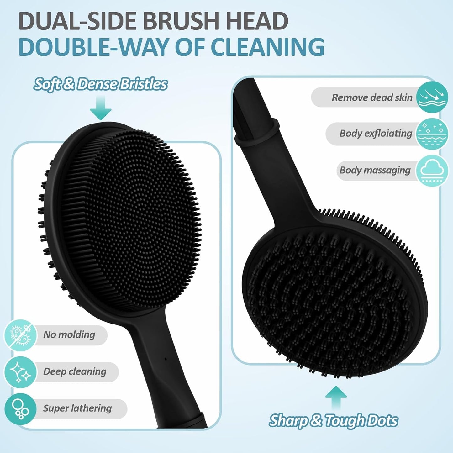 Adjustable Silicone Back Scrubber for Shower, 16''-24'' Extendable Shower Back Scrubber for Rich Foam, 5-Length Back Brush Bath Brush with Dual-Side Head and Super-Lathering Bristles(Black)