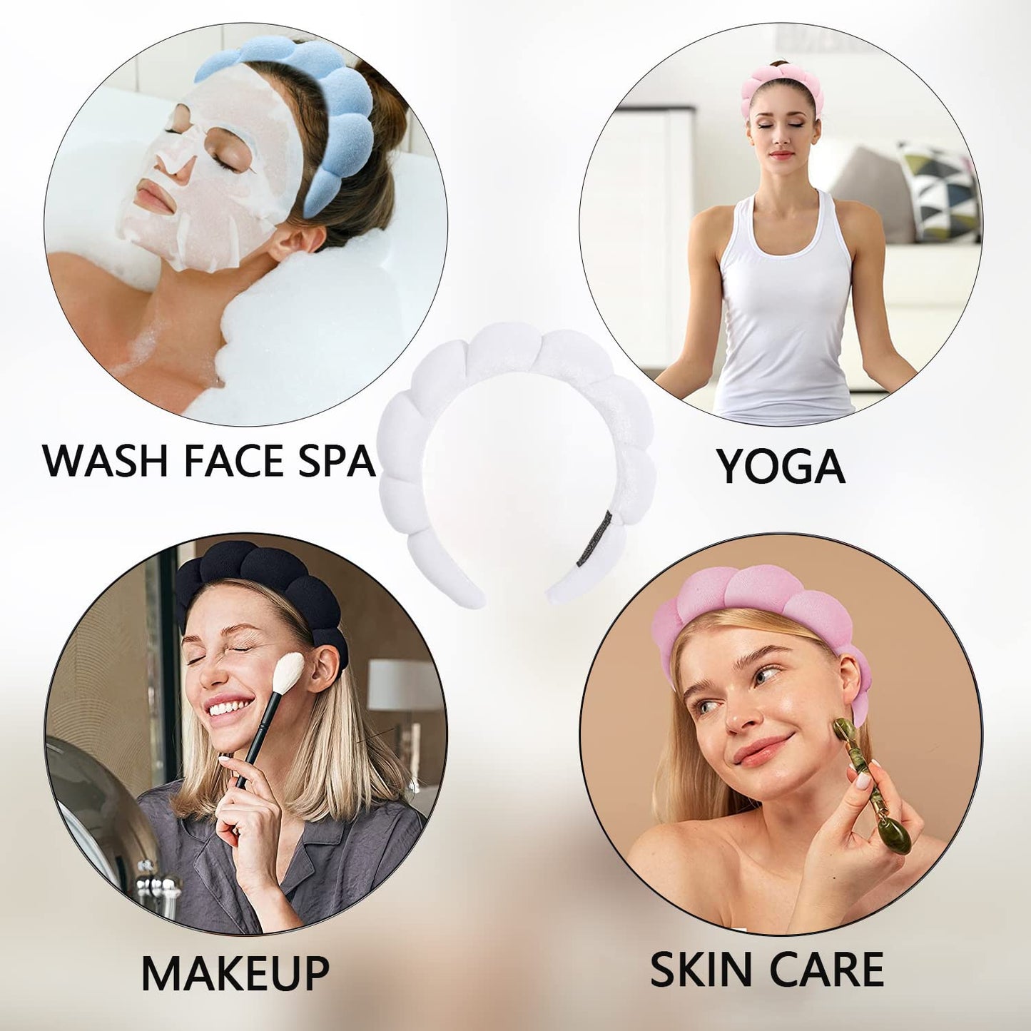 Luckybear Spa Headband for Face Washing, Velvet Makeup Headband with Face Wash Wristbands - White