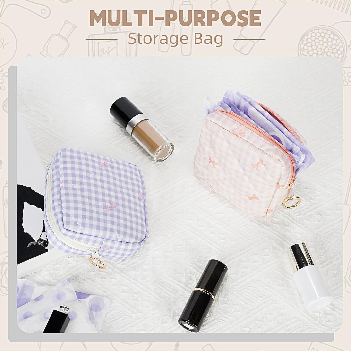 Period Bag for Teen Girls, Quilted Sanitary Napkin Storage Bag, Cute Bow Tie Menstrual Pad Pouch Tampon Holder (Plaid Blue)