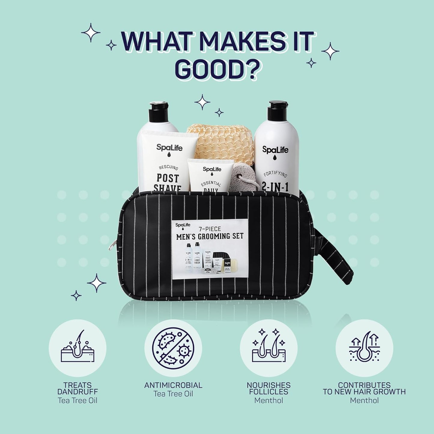 SpaLife 7-Piece Bath and Body Men Grooming Gift Set - 2-in-1 Shampoo & Conditioner, Body Wash, Daily Moisturizer, Post-Shave Lotion, Bath Sponge & Foot Stone for Luxurious At-Home Spa