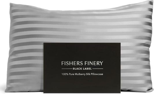 Fishers Finery 30mm 100% Pure Mulberry Silk Pillowcase, Quality Tested (Gray Stripe, Standard)