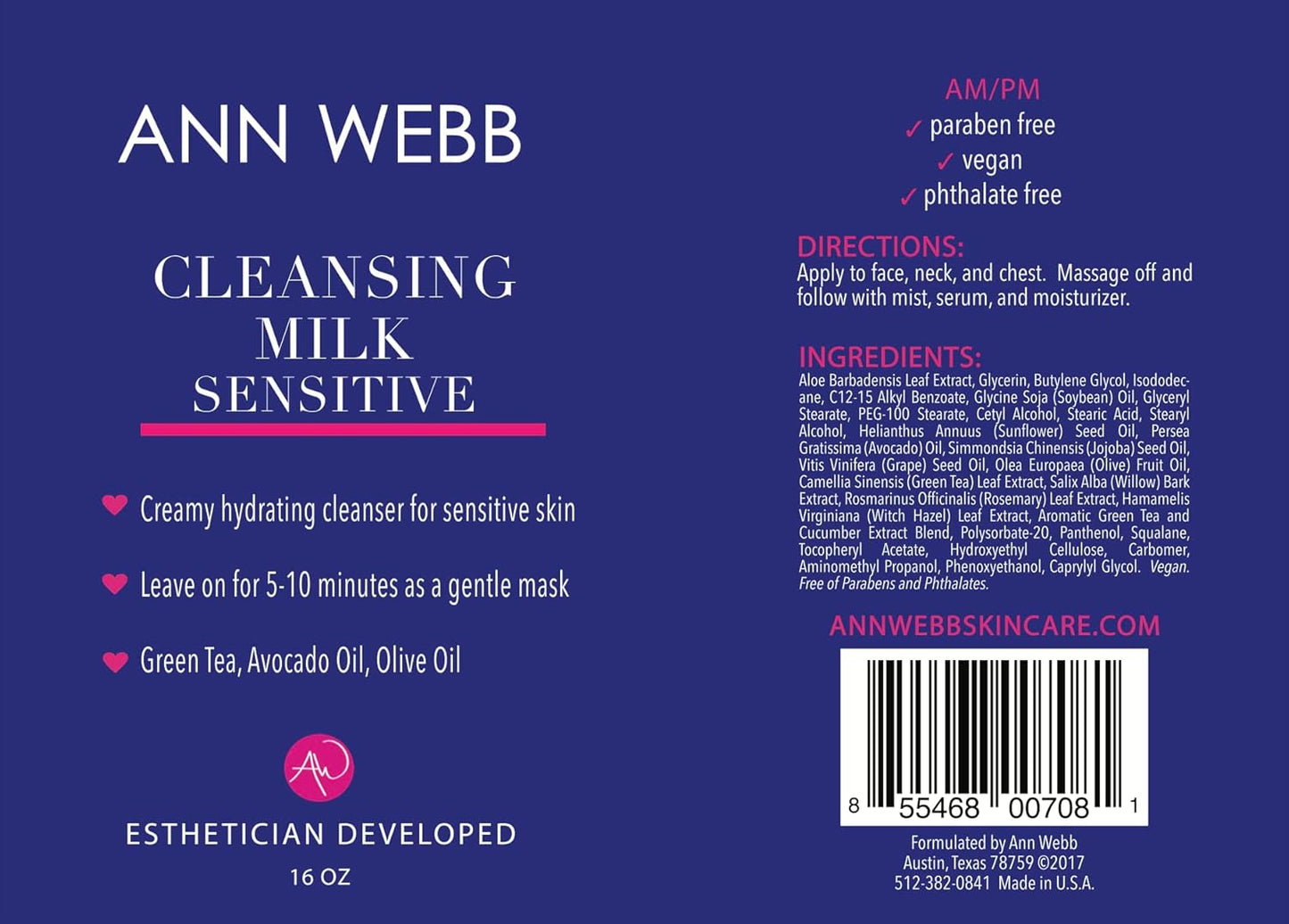 Sensitive Cleansing Milk - Gentle Daily Face Cleanser for Sensitive Skin Nourishes & Rejuvenates - Sensitive Milk Cleanser for All Skin Types w/o Irritating Ingredients. (2oz)
