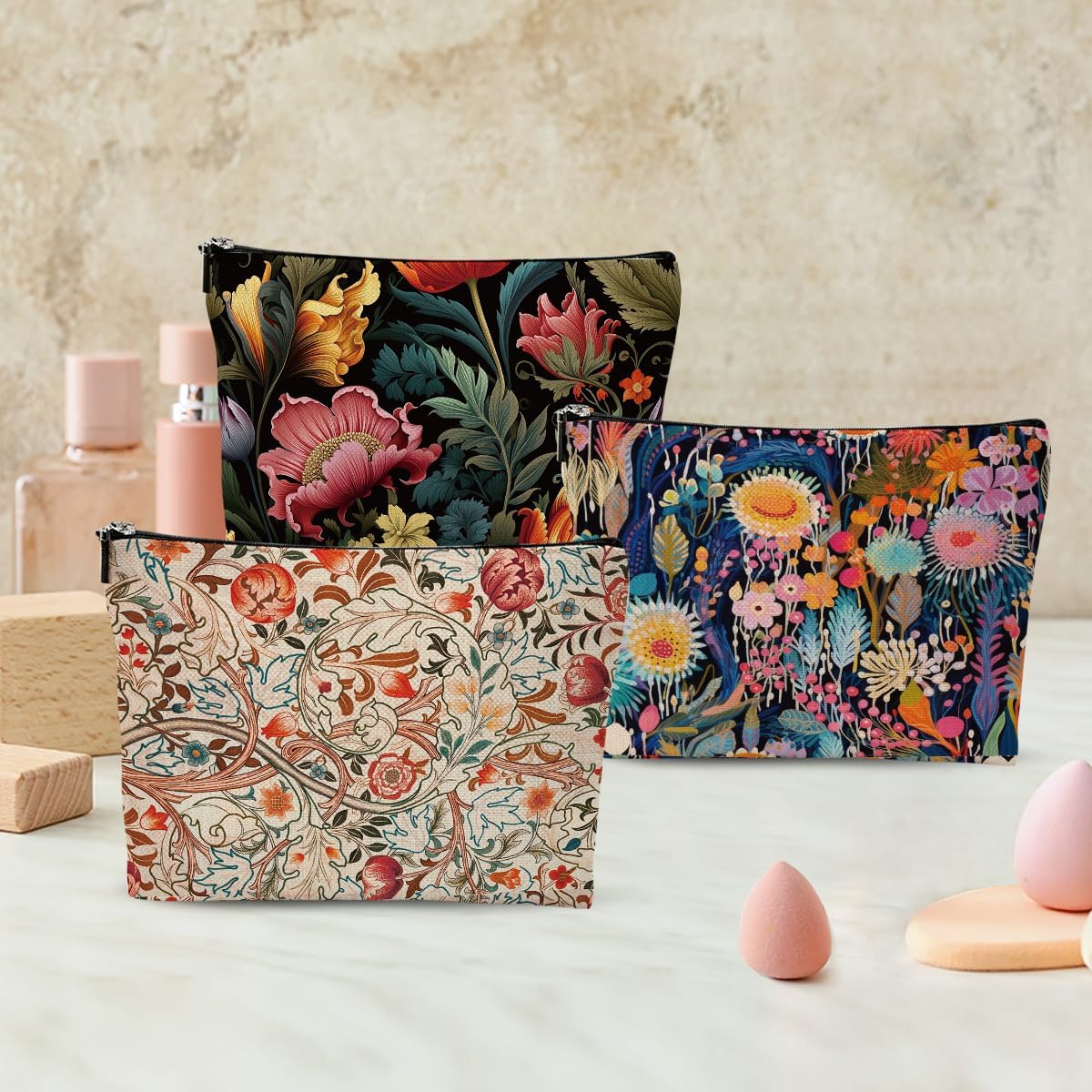 3pcs Colorful Flower Makeup Bag, Abstract Botanical Flower Cosmetic Bag, Christmas Wedding Anniversary Birthday Friendship Gifts for Women Girls Best Friends Sister Bestie Grandma Travel Toiletry Bag