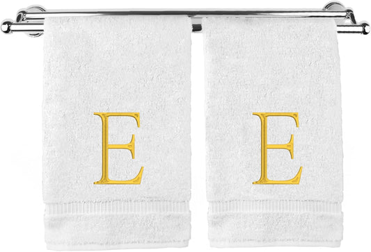 Monogrammed Hand Towel, Personalized Initial Gift, Extra Absorbent 100% Turkish Cotton - Soft Terry Finish - Set of 2 - Gold Block Initial E - Embroidered on White Towels