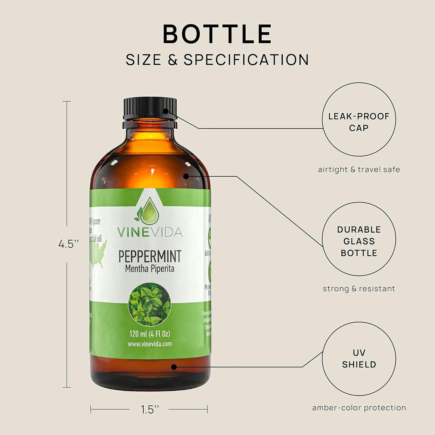 VINEVIDA Peppermint Essential Oil - Undiluted Peppermint Oil - Peppermint Candle Oil Scent - DIY Candle Scents for Candlemaking - Bulk Essential Oil for Soap Making Safe for Skin, 4.0 Fl Oz