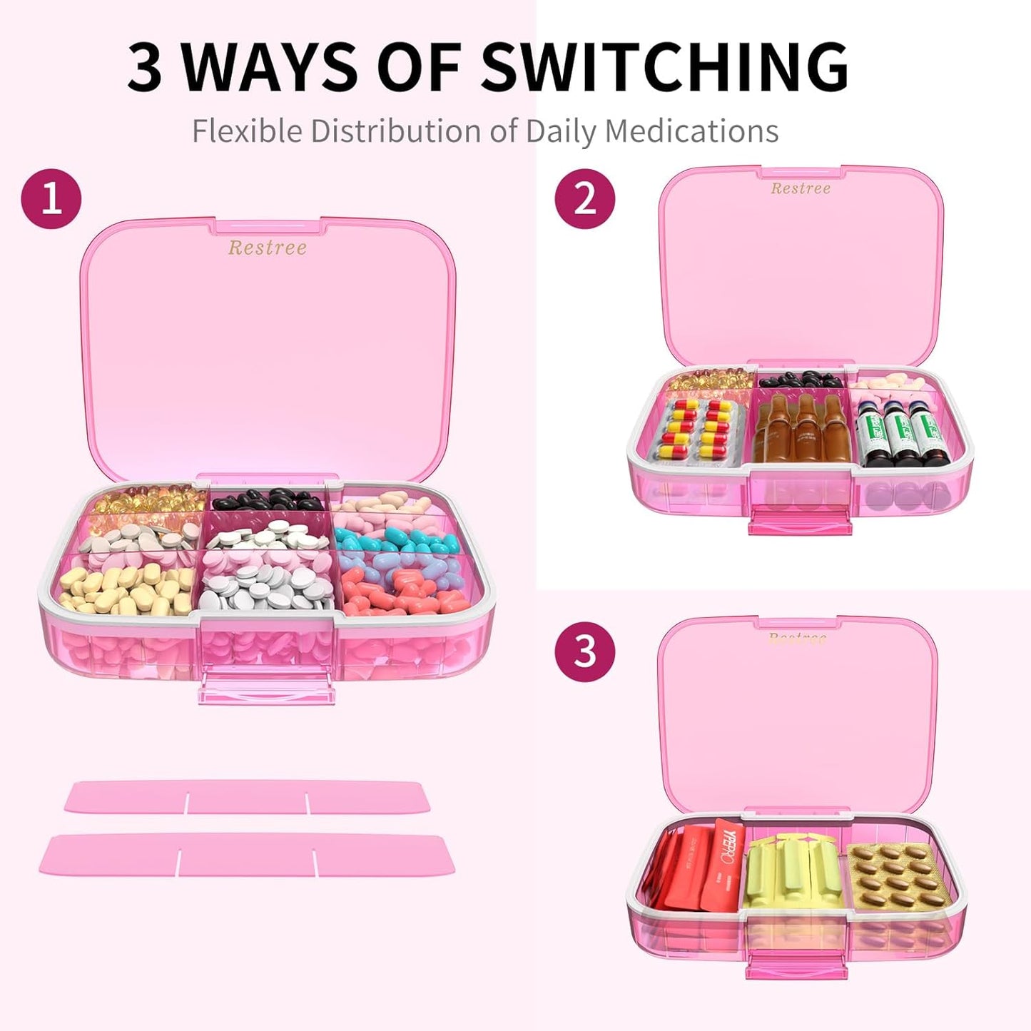 Restree Large Pill Organizer, Moisture Proof & Waterproof Travel Pill Case, Portable Medication Box with Adjustable Dividers for Vitamins Supplements Fish Oil and Daily Pills 9 Compartments (Pink)