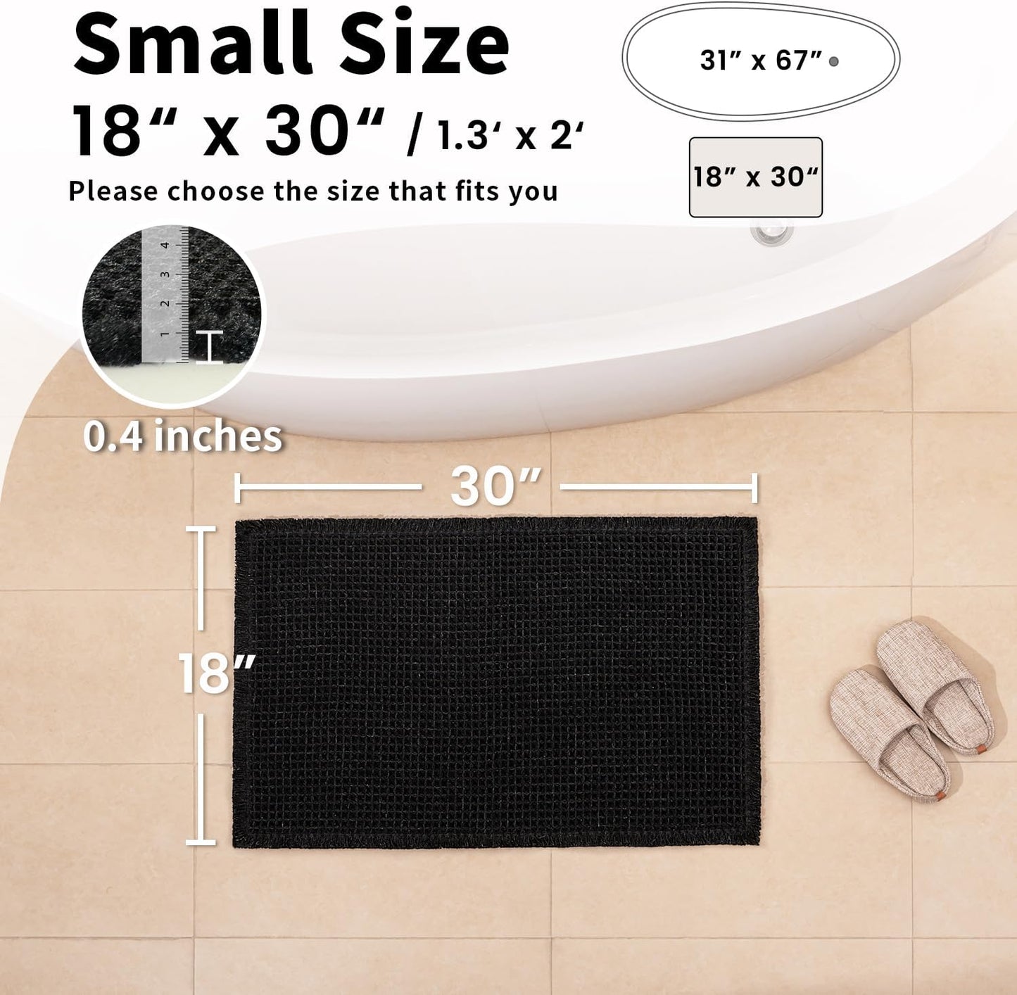 Black Bathroom Rug - Waffle Bath Mat Non Slip Washable, Super Absorbent & Quick Dry, Small Boho Bath Mat Farmhouse Bathroom Decor, 18'' x 30'', Black