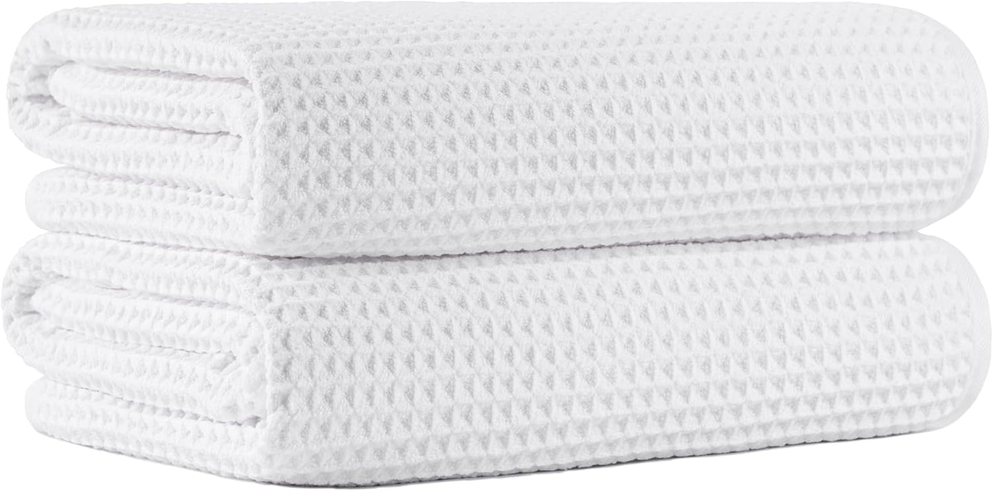 New Microfiber Waffle Bath Towels, 2 Pieces, Oversized, Soft, Absorbent, Fast Drying, Lint Free (White)