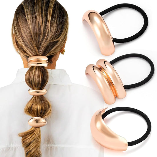 3PCS Rose Gold Hair Ties, Metal Hair Ties for Thick Hair, Elegant Durable Geometric Design, Rose Gold Hair Accessories Stretchy Non-Damage Ponytail Holders, 3 Styles in Box Holiday Gifts