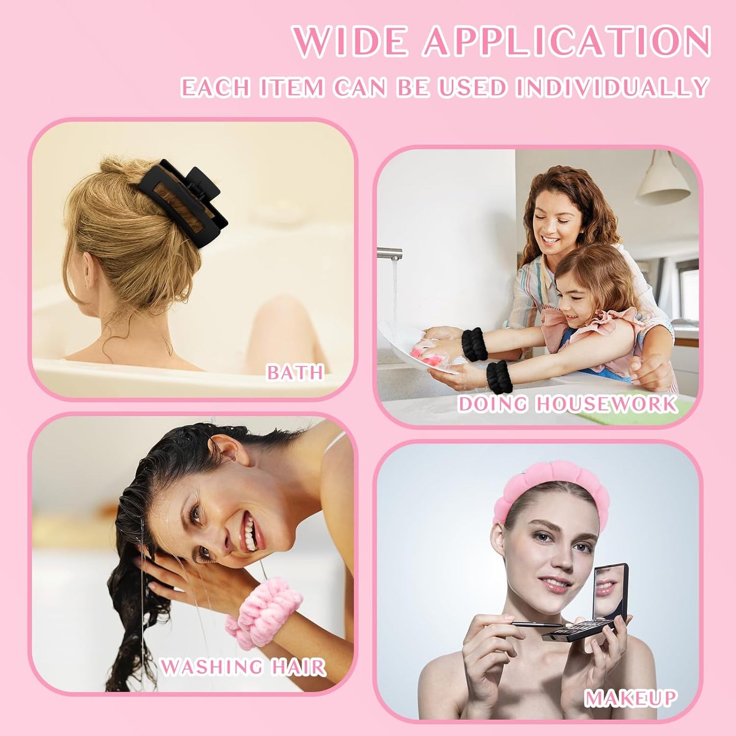 Wecoe Pink and Black Spa Set - Headband and Wristband for Face Washing, Thick Hair, Cute Puffy Sponge Bubble Makeup Headband, Wrist Towels, Scrunchies for Women & Girls