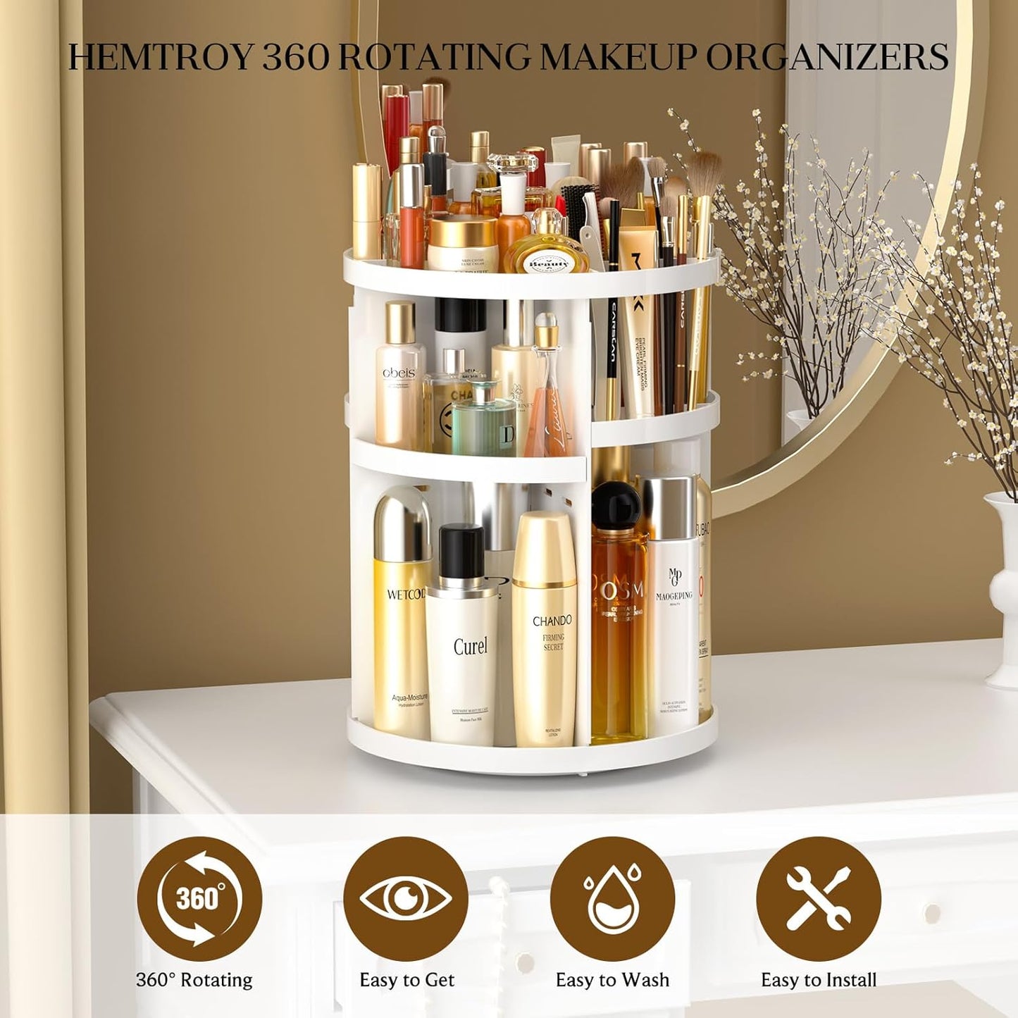 Makeup Organizer 360 rotating, Adjustable Skincare Organizers with Brush Holder, Cosmetics Display Cases for Vanity Bathroom Countertop Large Capacity Carousel Make up Caddy Shelf (White)