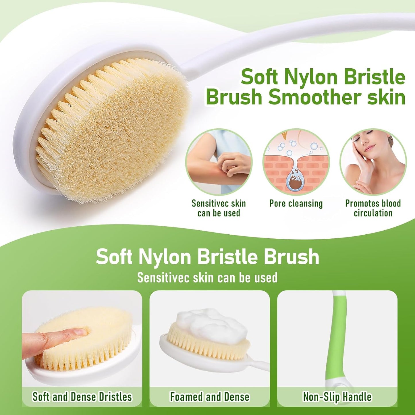 Fanwer 27.5” Back Bath Brush Long Handle for Shower and Silicone Body Scrubber, Shower Back Scrubber with Curved Handle for Elderly, Disabled, Limited Mobility, Post-Surgery, Frozen Shoulder