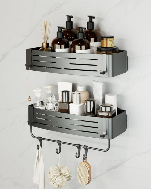 Onemake Shower Caddies Suction Cup, 2-Pack Removable Bathroom Shelf, Shower Organizer with Portable Hooks, Shower Caddy Corner Waterproof Holder with Towel Bar, Gray