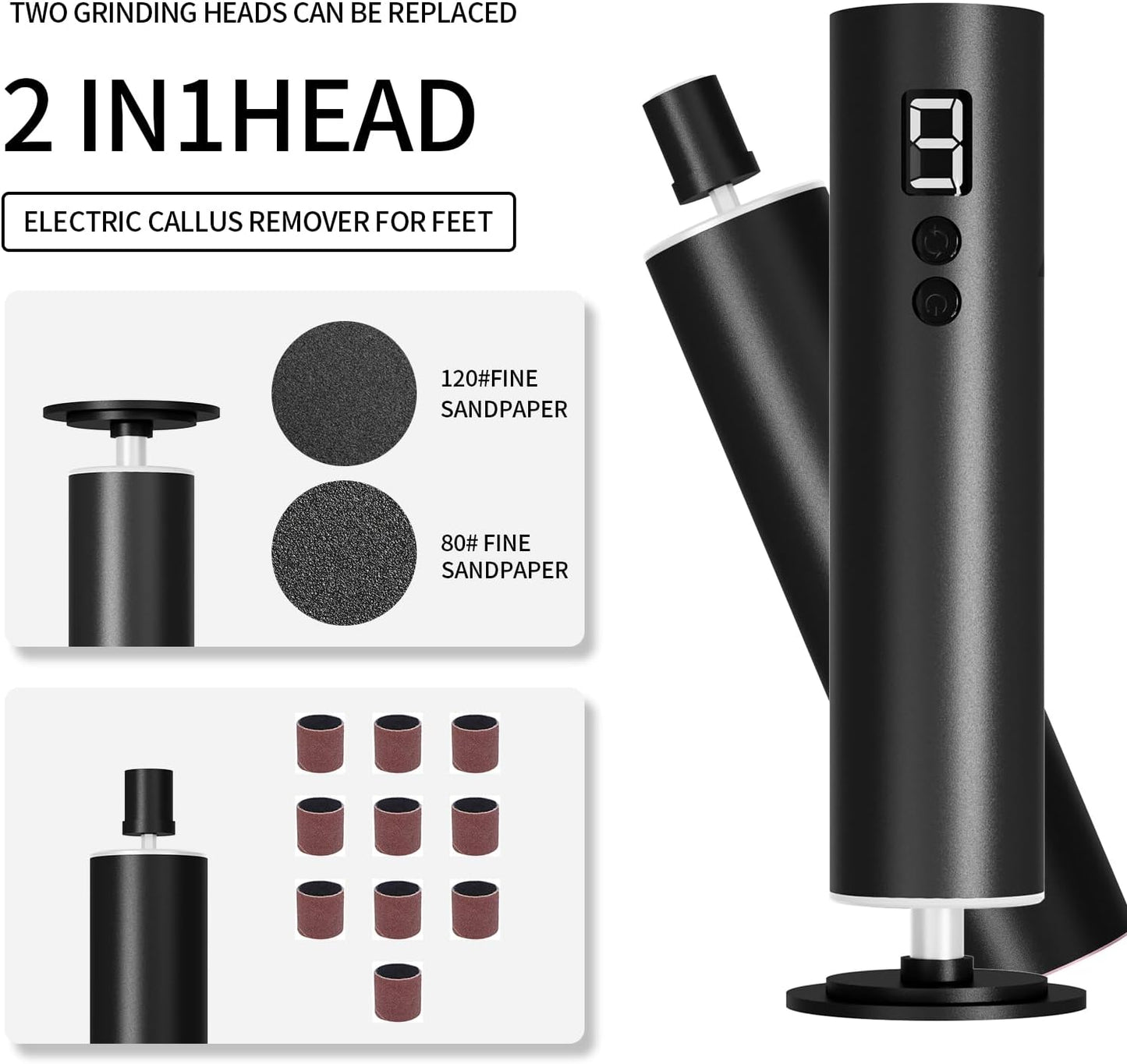 Professional Electric Foot File Tool -Callus Remover Rotating Grinder,1200mAh Rechargeable Battery, 1-Hour Continuous Use, Foot Drill & Sander,Adjustable Speed Foot Files for Deadskin(Black)