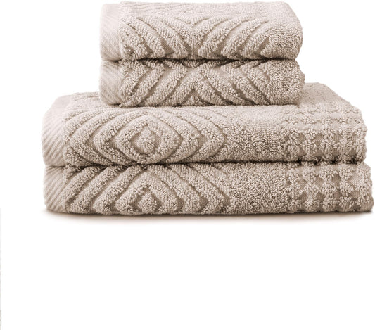 Texere 100% Organic Cotton Diamond Jacquard 700 GSM Luxury Bath Towel Sets - Ultra Soft and Absorbent Hotel and Spa Quality (Diamond, Oxford Tan, 2 Hand & 2 Face Towels)