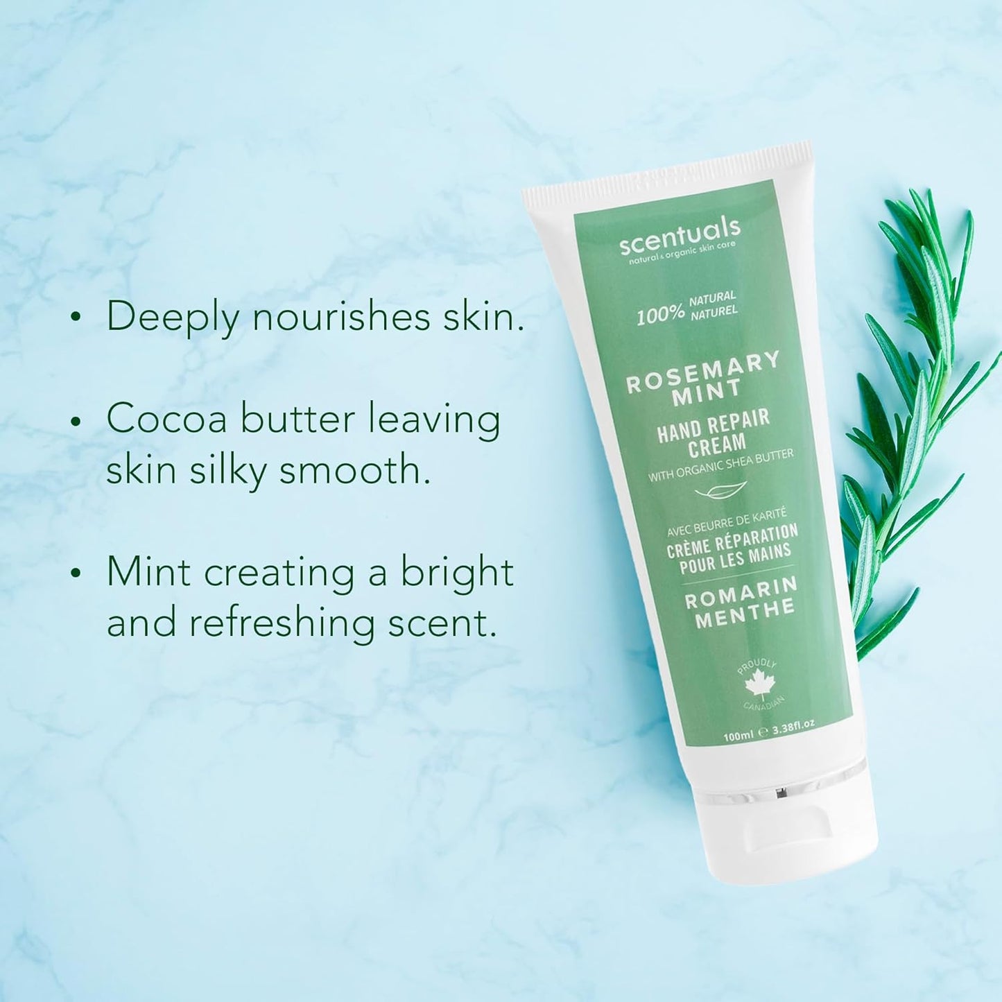 Hand Cream with Rosemary & Mint Essential Oil, Shea Butter, Cocoa Butter, Argan & Almond oil, Vitamin E and Aloe Vera, for Moisturizing Dry Hands, Cruelty Free, Natural Skin Care, 100 ml, 3.4 fl.oz