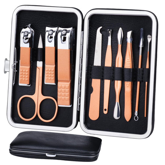 Manicure Set 10 in 1 Stainless Steel, Nail Clippers Scissors Pedicure Tools Kit - Portable Travel Grooming Kit for Men and Women with Leather Case (Rose gold)