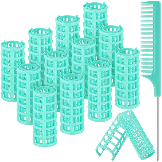 Syhood 12 Pcs Plastic Hair Rollers for Women Large Size Curlers Set Snap Roller Clips with Rat Tail Comb for Long Medium Short Hair Bangs, Salon Hairdressing Styling Tool(2.6 x 0.9 Inch,Light Green)