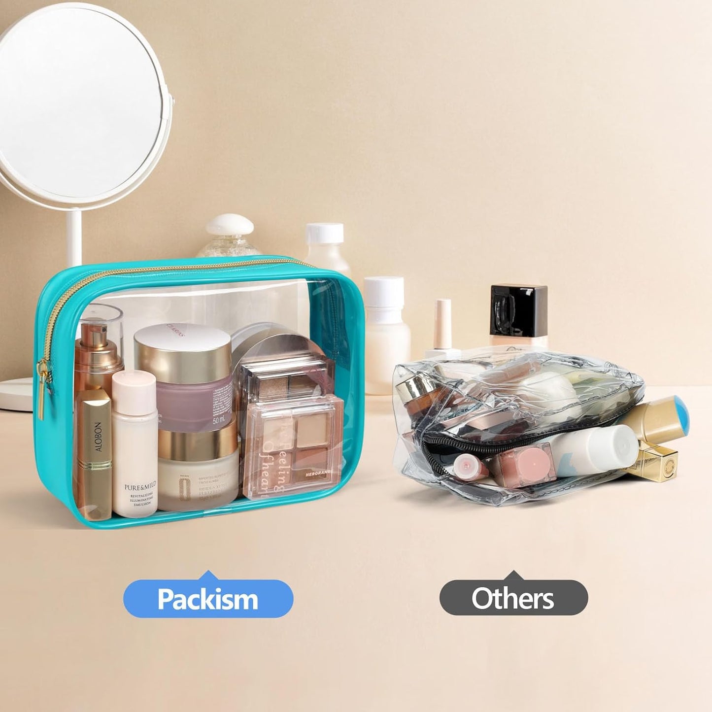 PACKISM TSA Approved Toiletry Bag - Clear Makeup Bag Waterproof Quart Size Bag, Travel Makeup Cosmetic Bag for Women Men, Carry on Airport Airline Compliant Bag, 3 Pack