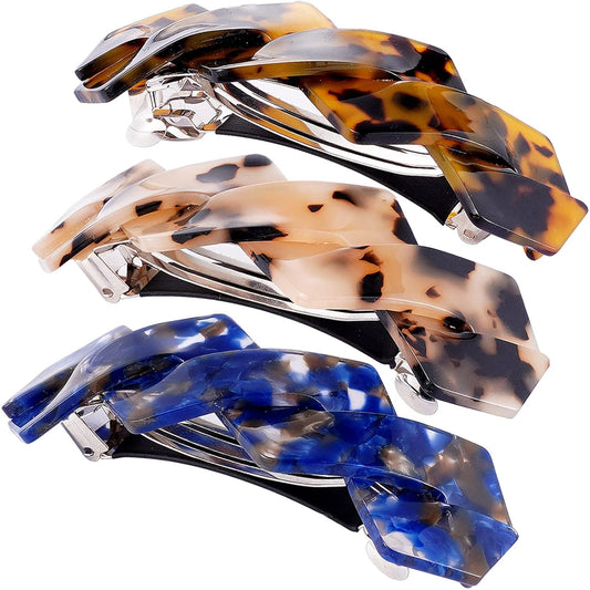 Hair Barrettes Large French Clips Wide Hair Clasp for Women Thick Fine Hair Accessories - Blue Tortoiseshell - 3Pcs (Navy Blue, Brown)