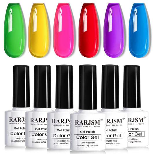 RARJSM Neon Jelly Gel Nail Polish Set 6pcs Clear Crytal Glass Yellow Blue Green Red Pink Purple Transparent Sheer Gel Varnish LED UV Curing Requires French Manicure Soad off Summer Iridescent Colors
