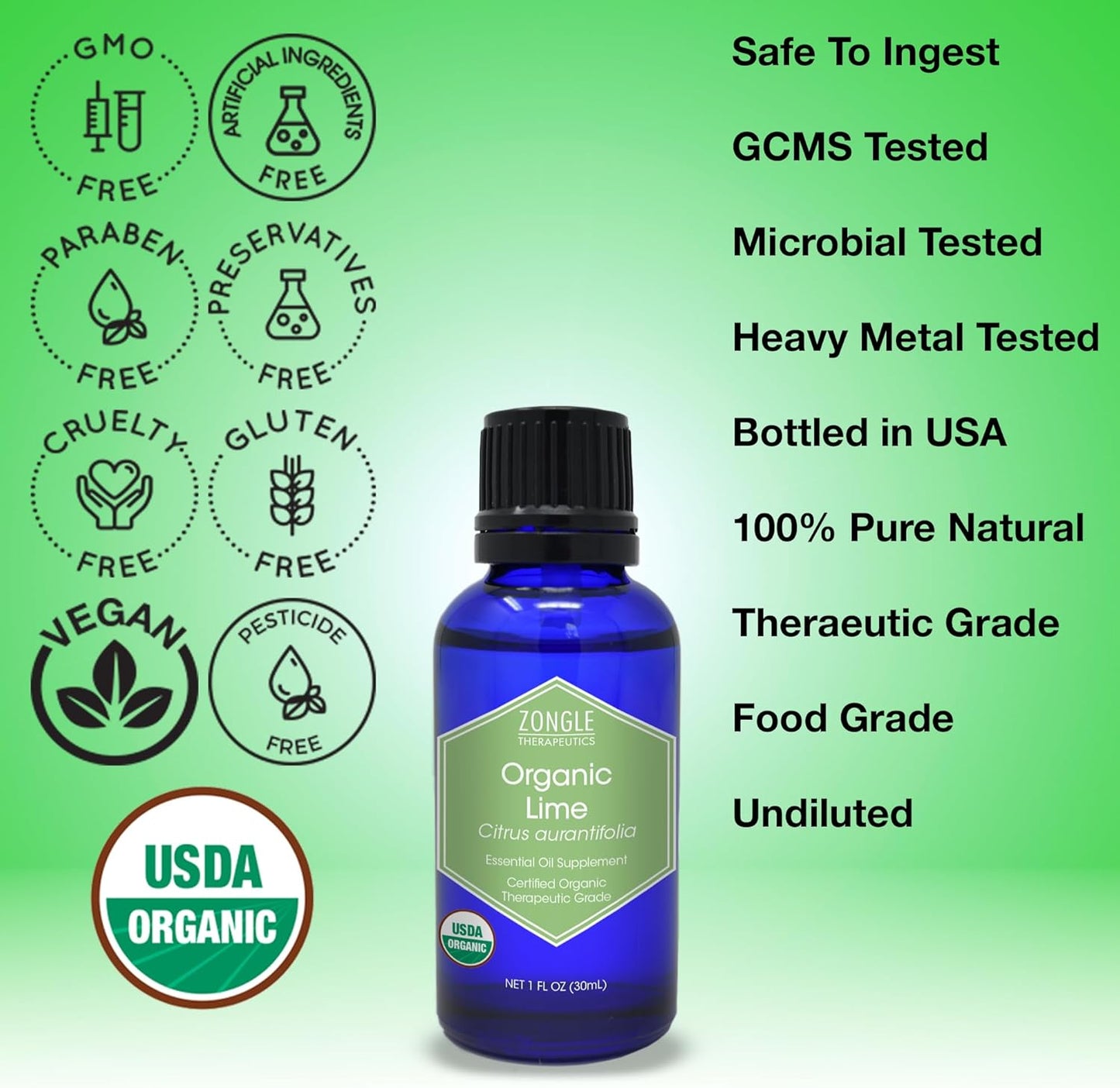 Organic, Lime Essential Oil, Food Grade, for Cooking – 100% Pure, Lime Oil, by Zongle Therapeutics, 1 OZ