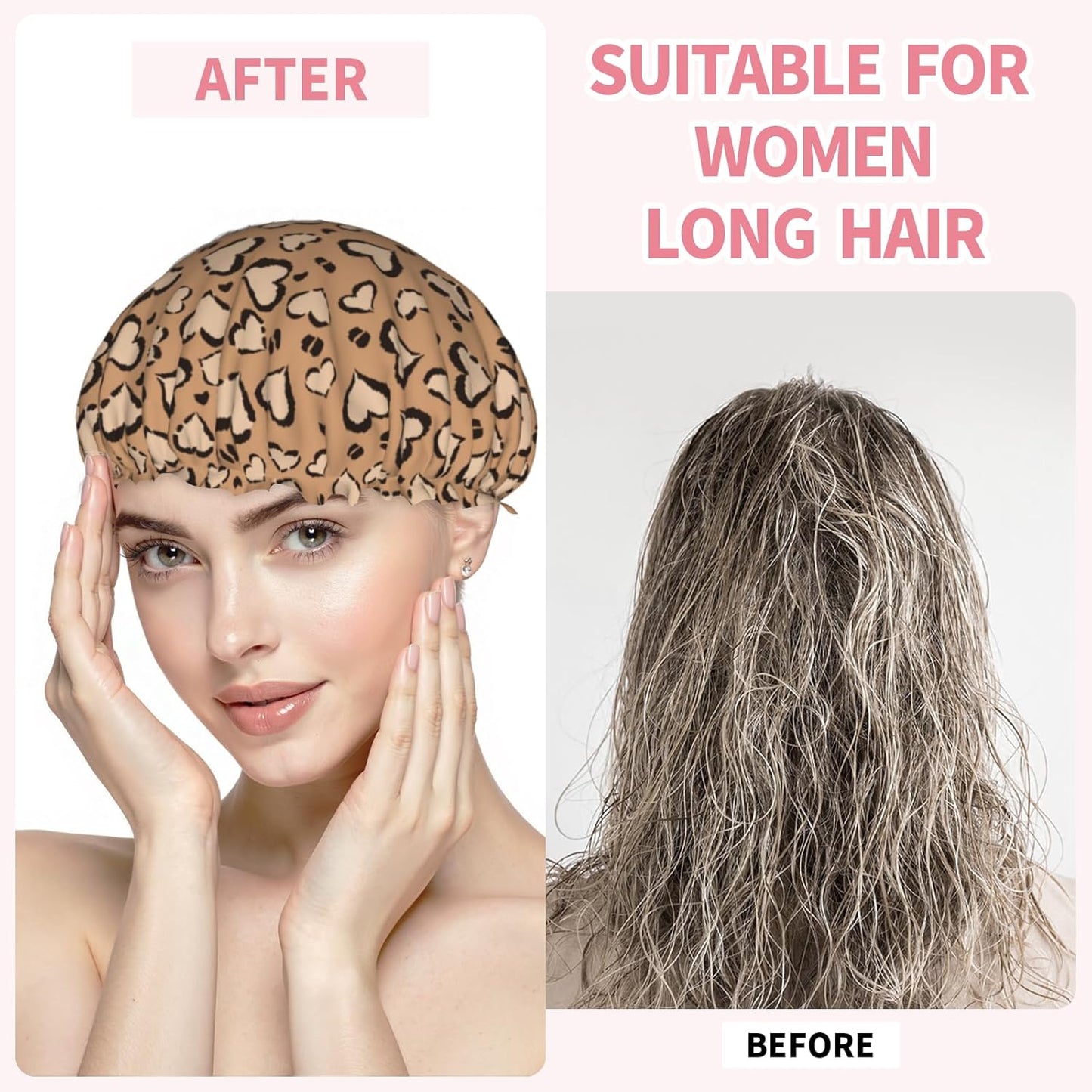 Leopard Print Shower Caps Brown Heart Dual-Layer Waterproof Bath Hat Reusable Hair Caps Elastic Hair Hat for Shower Cooking Clean Makeup Travel