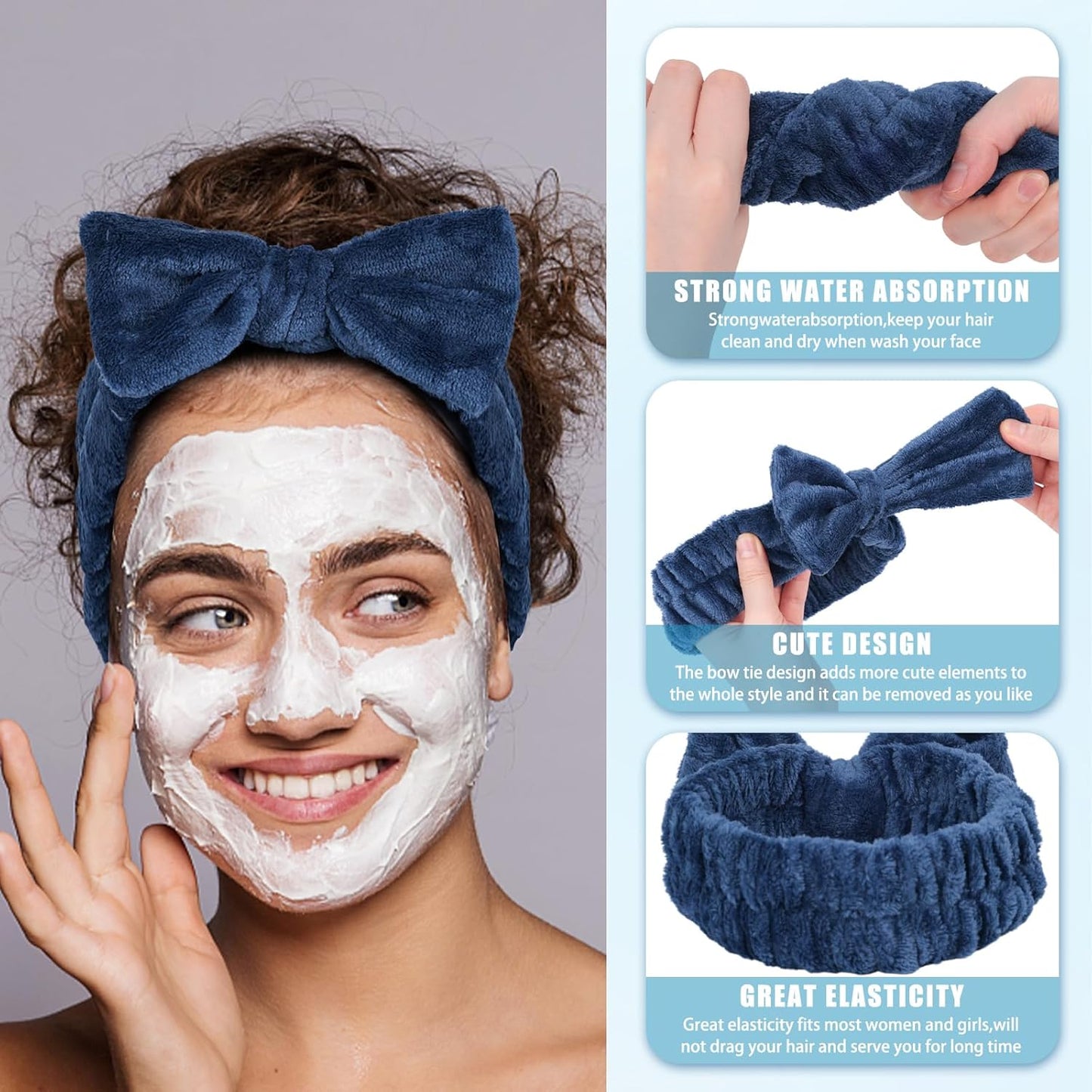 Shindel Spa Bow Headband - 6 Pack Cute Fuzzy Skin Care Headbands for Teen Girls' Face Washing & Shower - Blue