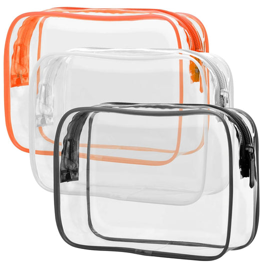 PACKISM Clear Toiletry Bag - 3 Pack TSA Approved Toiletry Bag Quart Size Bag, Travel Makeup Cosmetic Bag for Women Men, Carry on Airport Airline Compliant Bag, Black, White, Orange