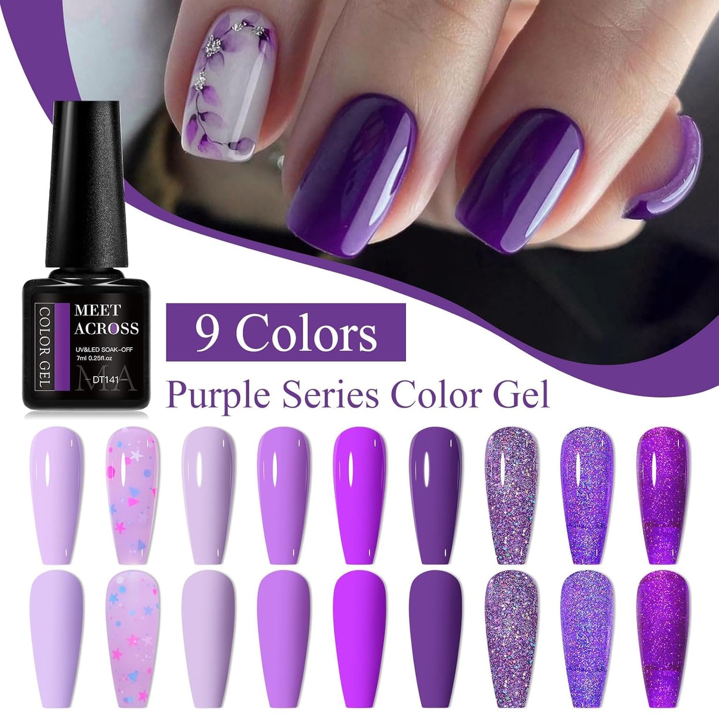 MEET ACROSS 9 Colors Gel Nail Polish + 3PCS Function Gel Nail Polish Kit,Fashion Nail Art Set Design Gifts for Women Manicure Salon (SET2, 12pcs)