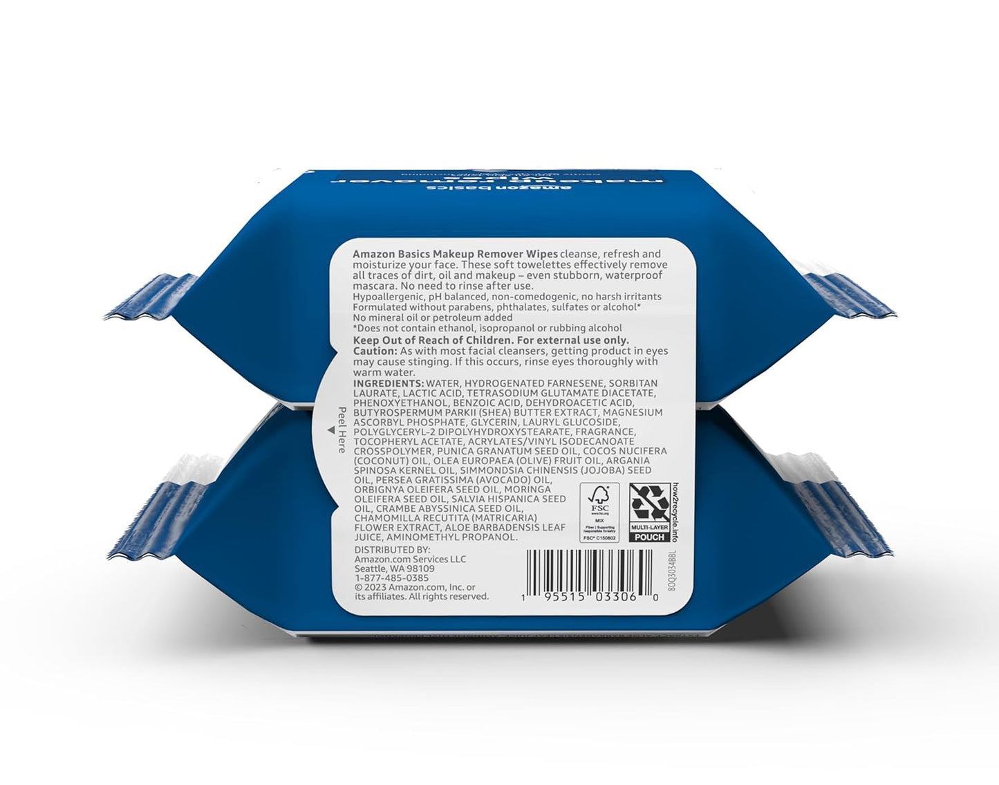 Amazon Basics Makeup Remover Wipes, Gentle Cleansing, Dermatologist Tested, Original, Plant Based, Alcohol Free, Removes Waterproof Mascara, 25 Count Per Pack, Pack of 2 (Previously Solimo)