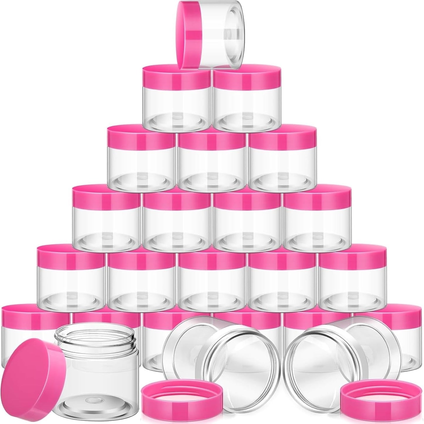 SATINIOR 12 Pack 1 oz Plastic Container Jars with Lids Round Clear Travel Cosmetic Container Slime Jars for Toiletries, Lotion, Cream, Ointments, Makeup, Rhinestone, Samples, Kitchen Storage(Pink)