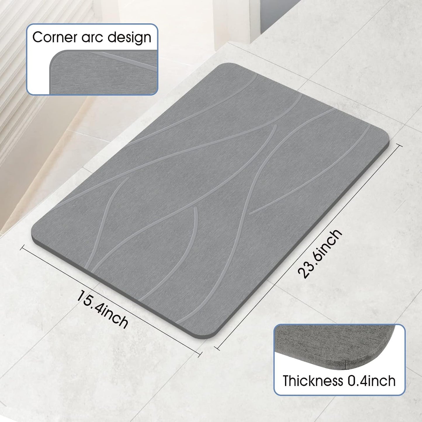 Stone Bath Mat Diatomaceous Earth Shower Mat Non-Slip Super Absorbent Diatomite Stone Bath Mats for Bathroom Floor Quick Drying Natural Easy to Clean(23.6''×15.4" Gray)