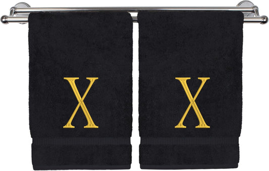 Monogrammed Hand Towel, Personalized Initial Gift, Extra Absorbent 100% Turkish Cotton - Soft Terry Finish - Set of 2 - Gold Block Initial X - Embroidered on Black Towels