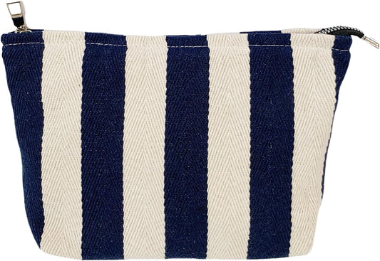 Blue Striped Makeup Bag for Women, Canvas Cosmetic Bag, Large Zipper Pouch(10.6" * 7.1" * 2.8"), Make Up Bag for Purse, Perfect for Storing Makeup And Accessories, Makeup Bag for Daily Travel Gifting